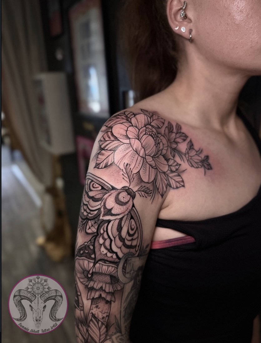 Peony, moth and mushrooms across the shoulder