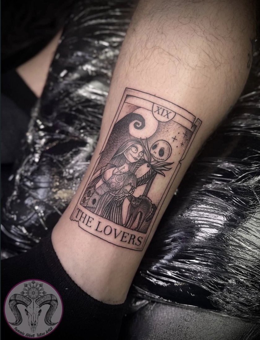 The Lovers tarot card tattoo on the calf