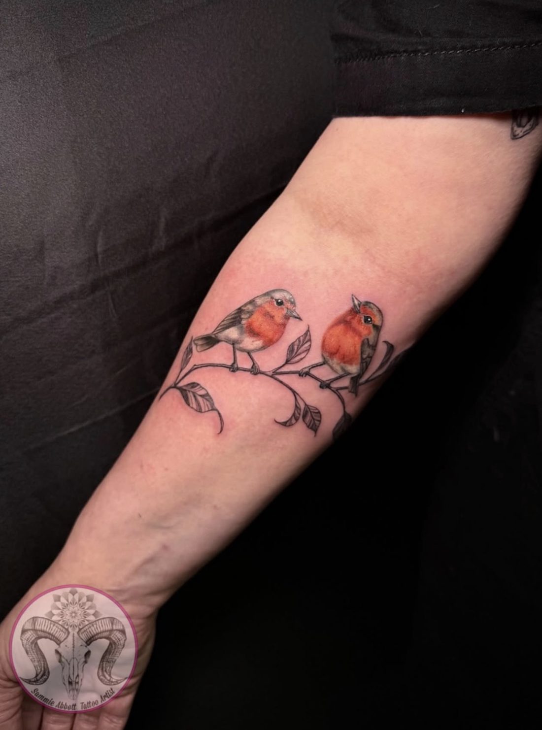 Two robins on a branch, colour forearm tattoo