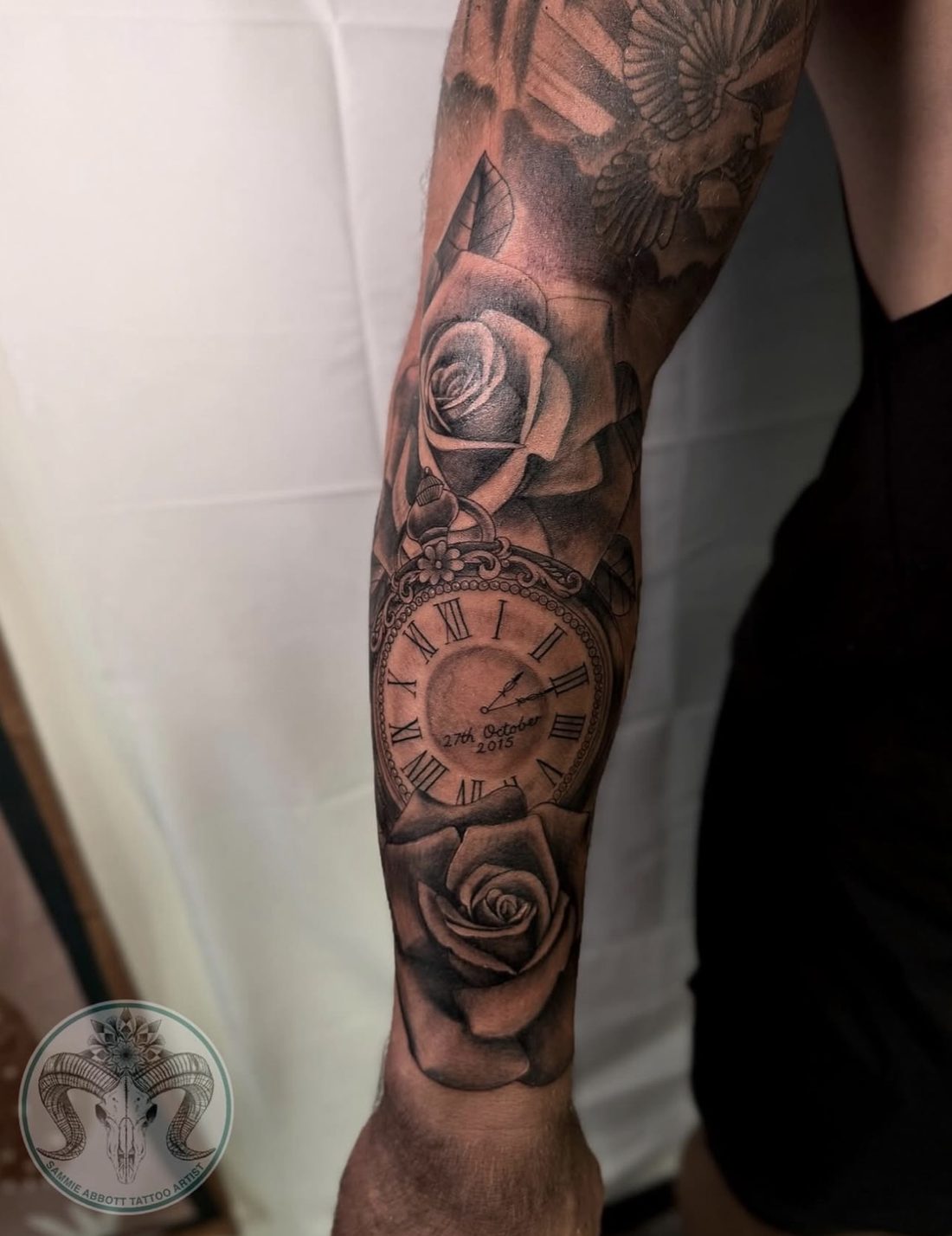 Realistic roses and pocket watch forearm sleeve