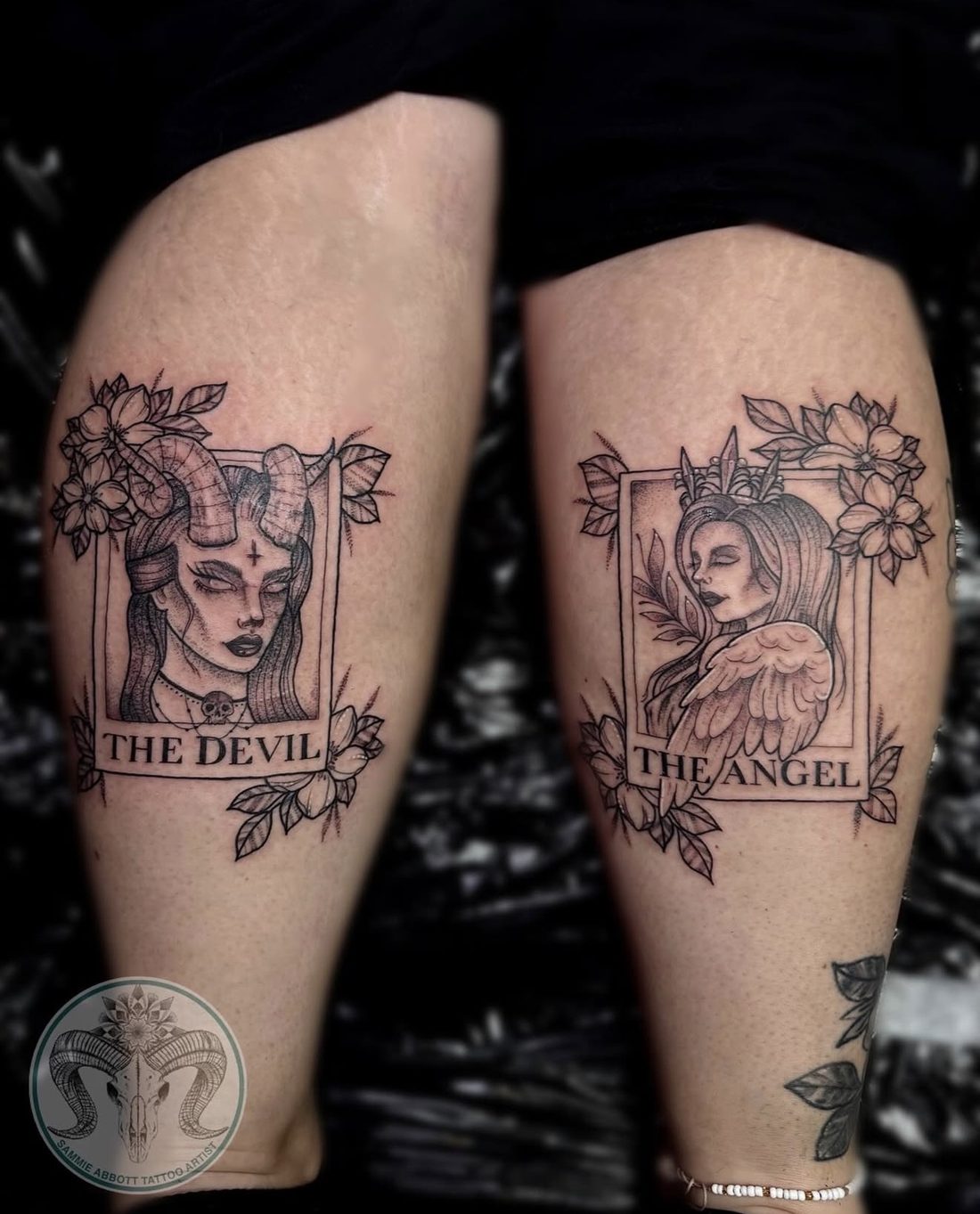 The Devil and The Angel tarot card tattoos on calves